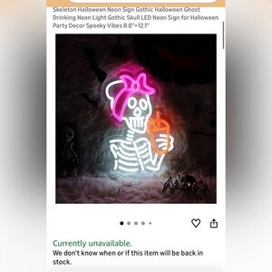 Skeleton Neon LED Sign with Pink Headband and Coffee